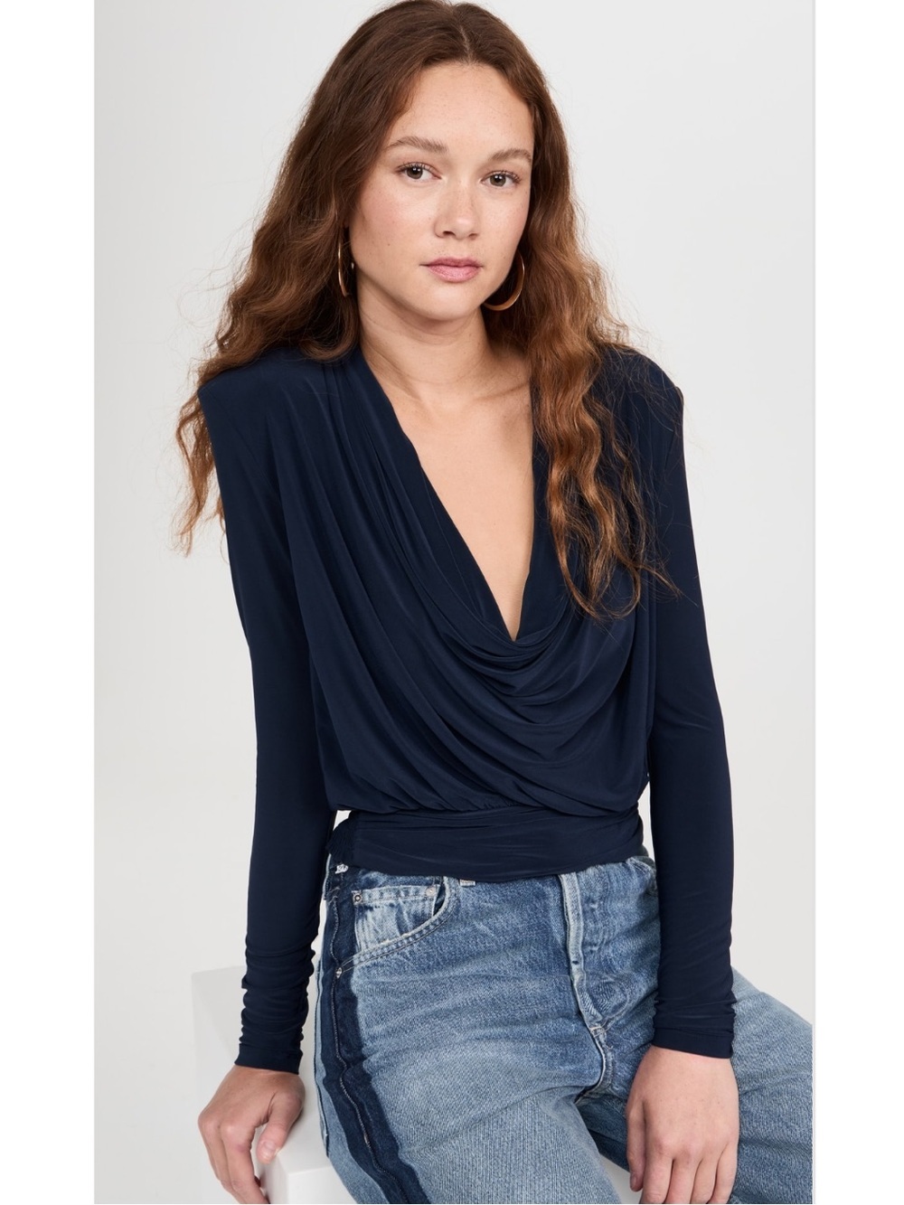 Ramy Brook Eden Navy Draped Cowl Neck Long-Sleeve Top